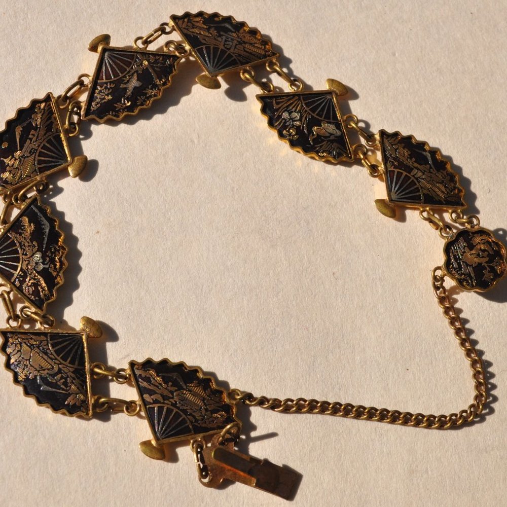 Vintage japanese damascene bracelet & screw back earrings panel fans 1940s